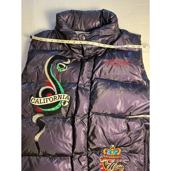 Ed Hardy Mens XXL purple Puffer Vest Snake & Skull Embroidery Down hood Y2K - Picture 11 of 15